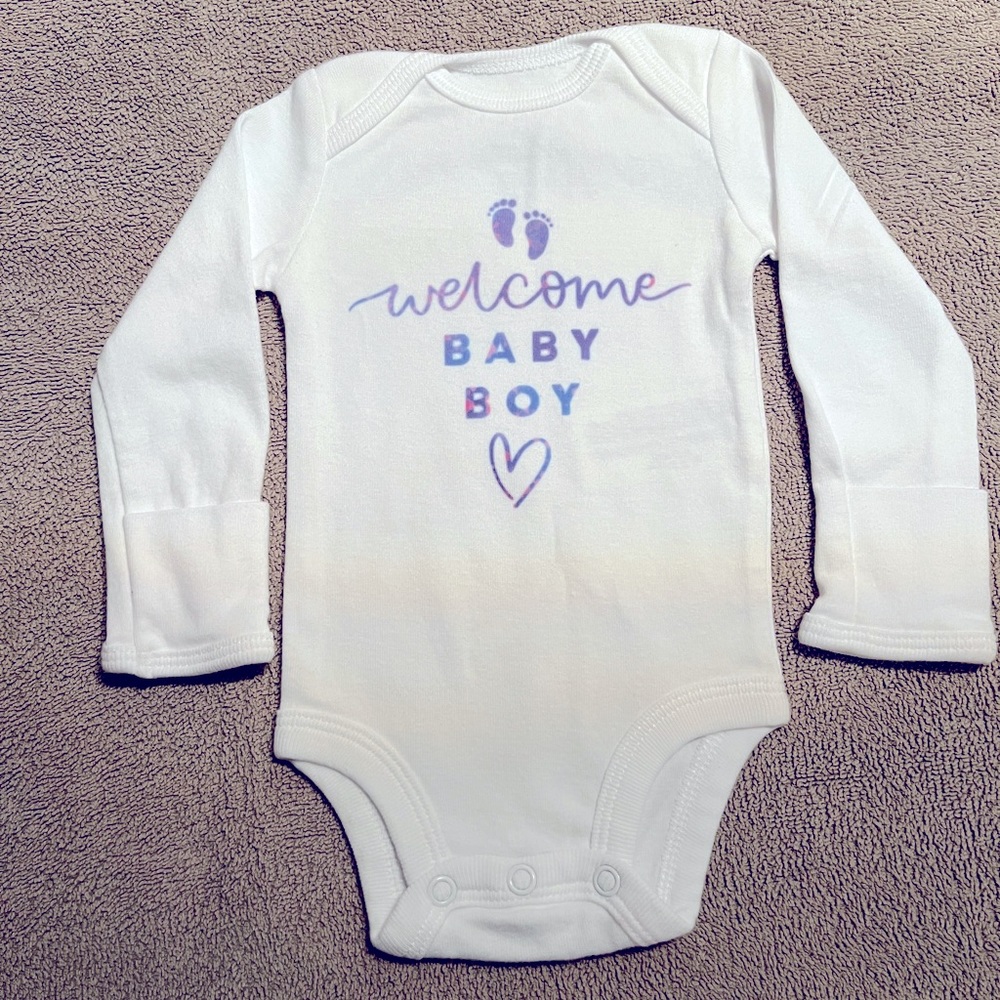 Carter’s homemade baby onesie. Welcome Boy. Long sleeved.